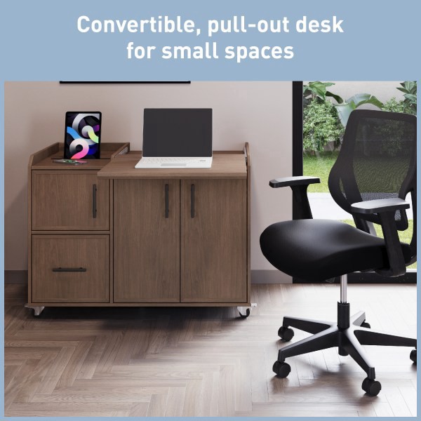 slide 5 of 9, Realspace® 40""W Multifunction Mobile File Cabinet Printer Stand with Integrated Power & Charging, Brown Oak, 1 ct