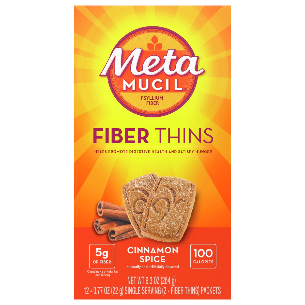 slide 1 of 1, Metamucil Fiber Thins, Daily Psyllium Husk Fiber Supplement, Supports Digestive Health and Satisfies Hunger, Cinnamon Spice Flavor, 12 Servings, 12 ct