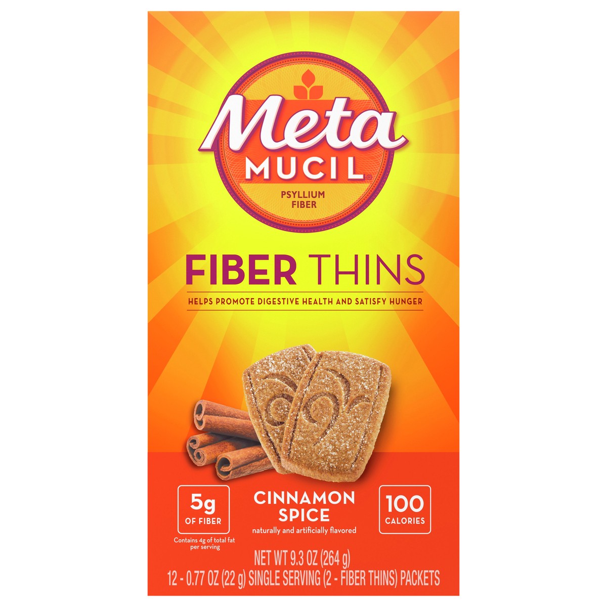 slide 1 of 1, Metamucil Fiber Thins, Daily Fiber Supplement Snack, Psyllium Husk Powder, 5g Fiber per Serving, Supports Digestive Health and Satisfies Hunger, Cinnamon Spice Flavor, 12 Servings, 12 ct