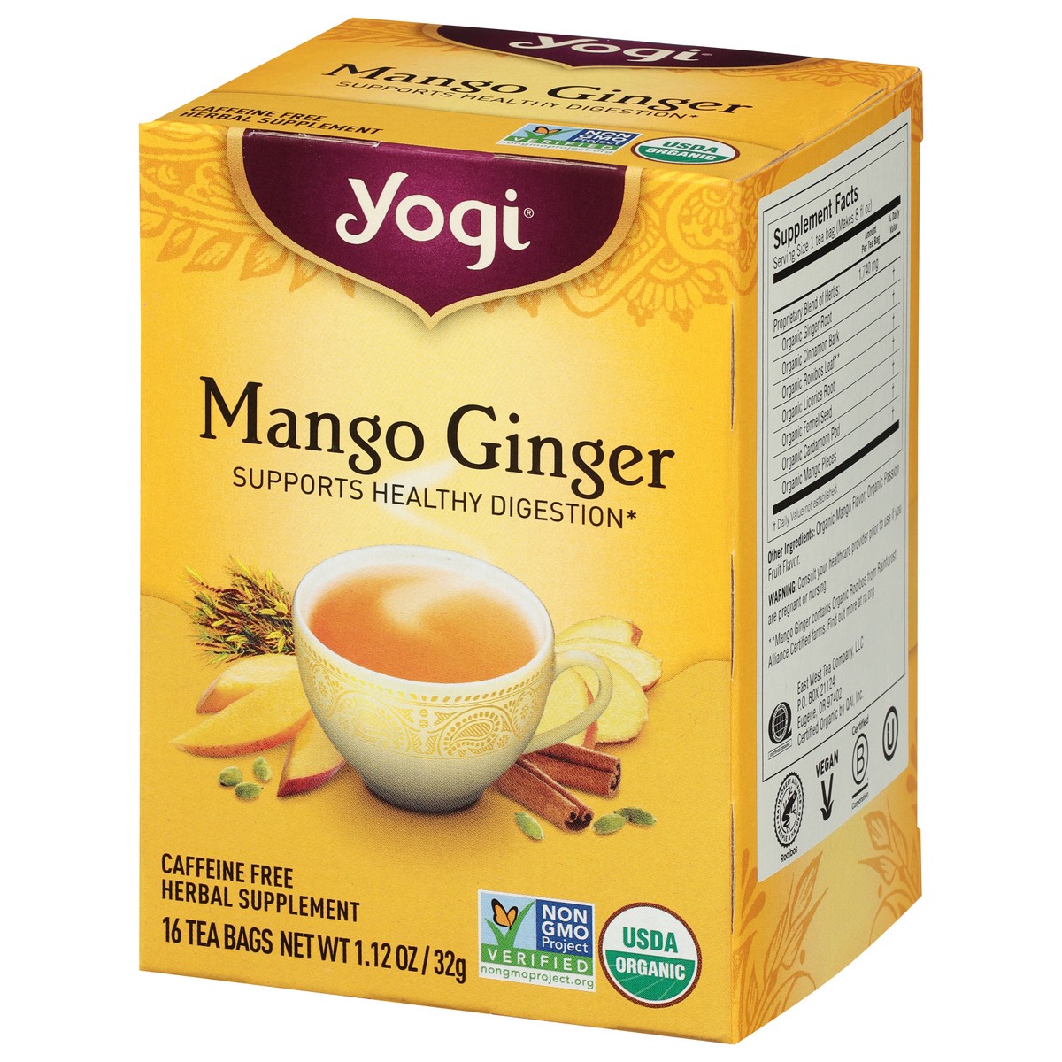 slide 5 of 9, Yogi Tea Mango Ginger, Caffeine-Free Organic Herbal Tea Bags, 16 Count, 16 ct