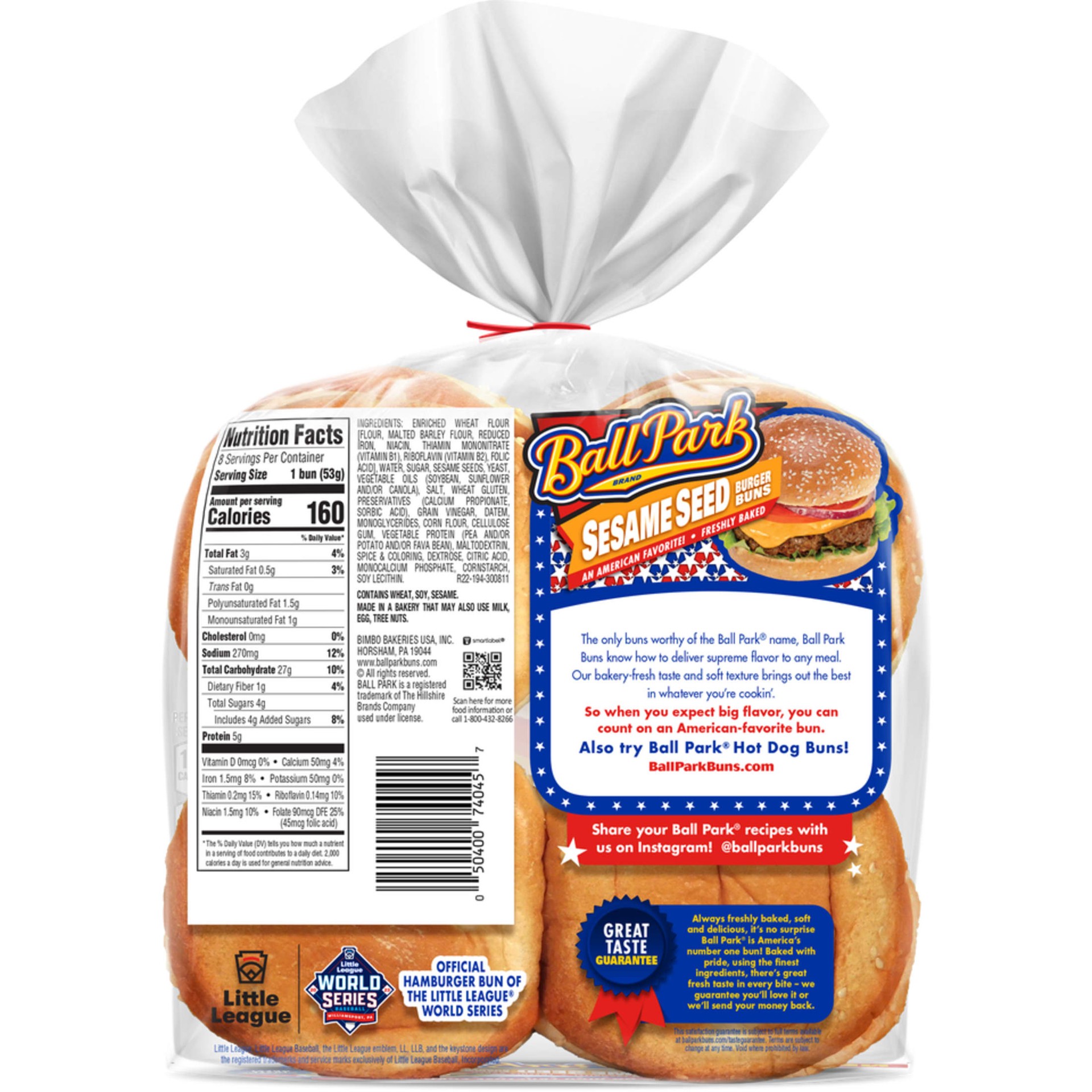 slide 8 of 8, Ball Park Sesame Seed Burger Buns, 8 count, White Hamburger Buns, 16 oz Bag, 8 ct