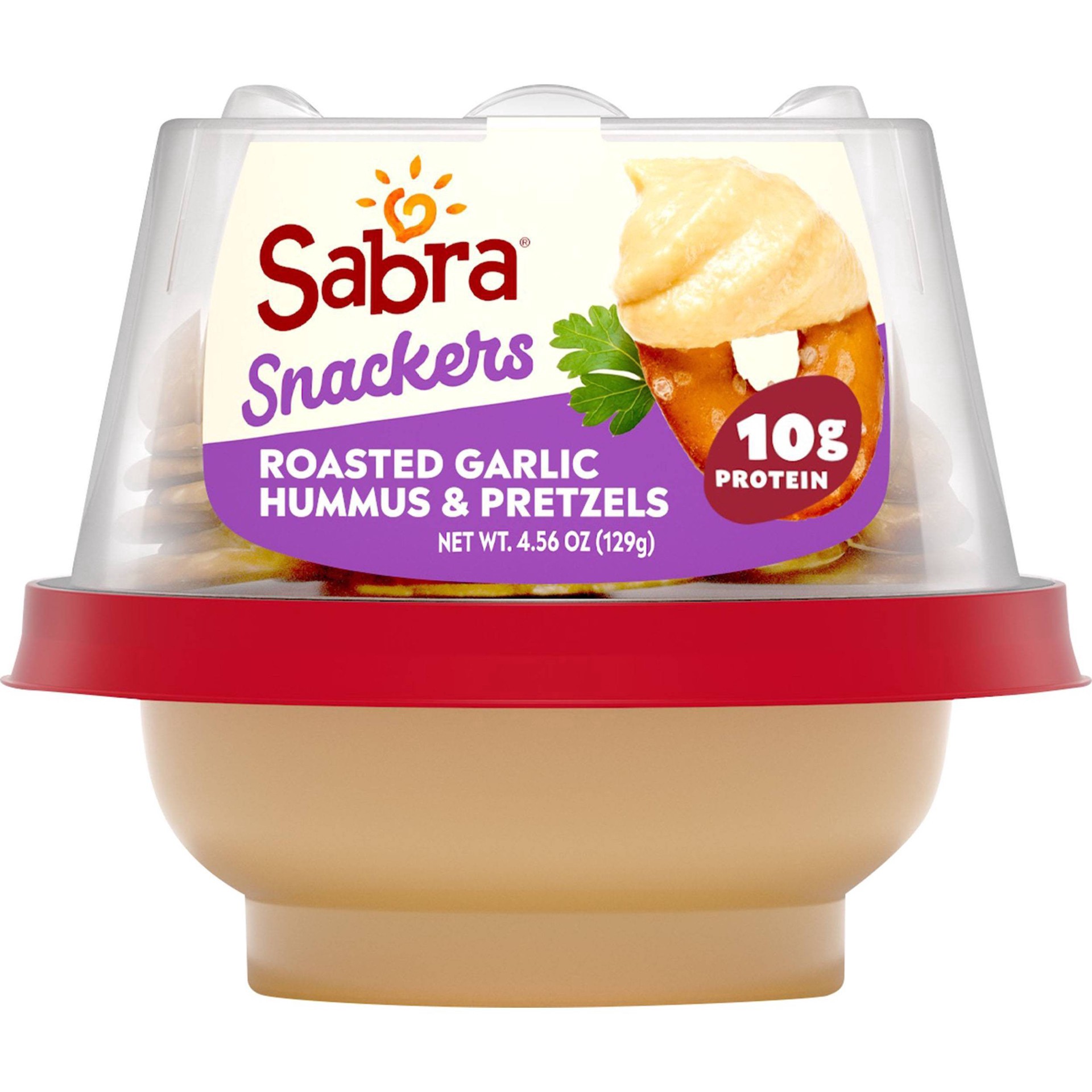 slide 1 of 9, Sabra Roasted Garlic Hummus With Pretzels Snacker - 4.56oz, 4.56 oz