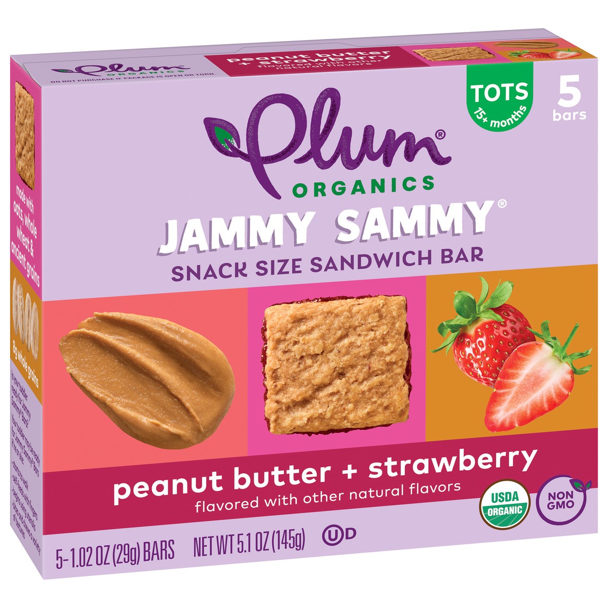 slide 2 of 9, Plum Organics Jammy Sammy Snack Size Sandwich Bar Peanut Butter + Strawberry 5-Count Box/1.02oz Bars, 5 ct
