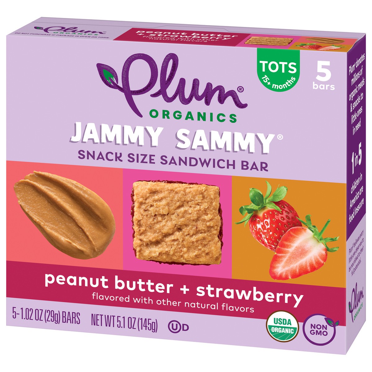 slide 3 of 9, Plum Organics Jammy Sammy Snack Size Sandwich Bar Peanut Butter + Strawberry 5-Count Box/1.02oz Bars, 5 ct