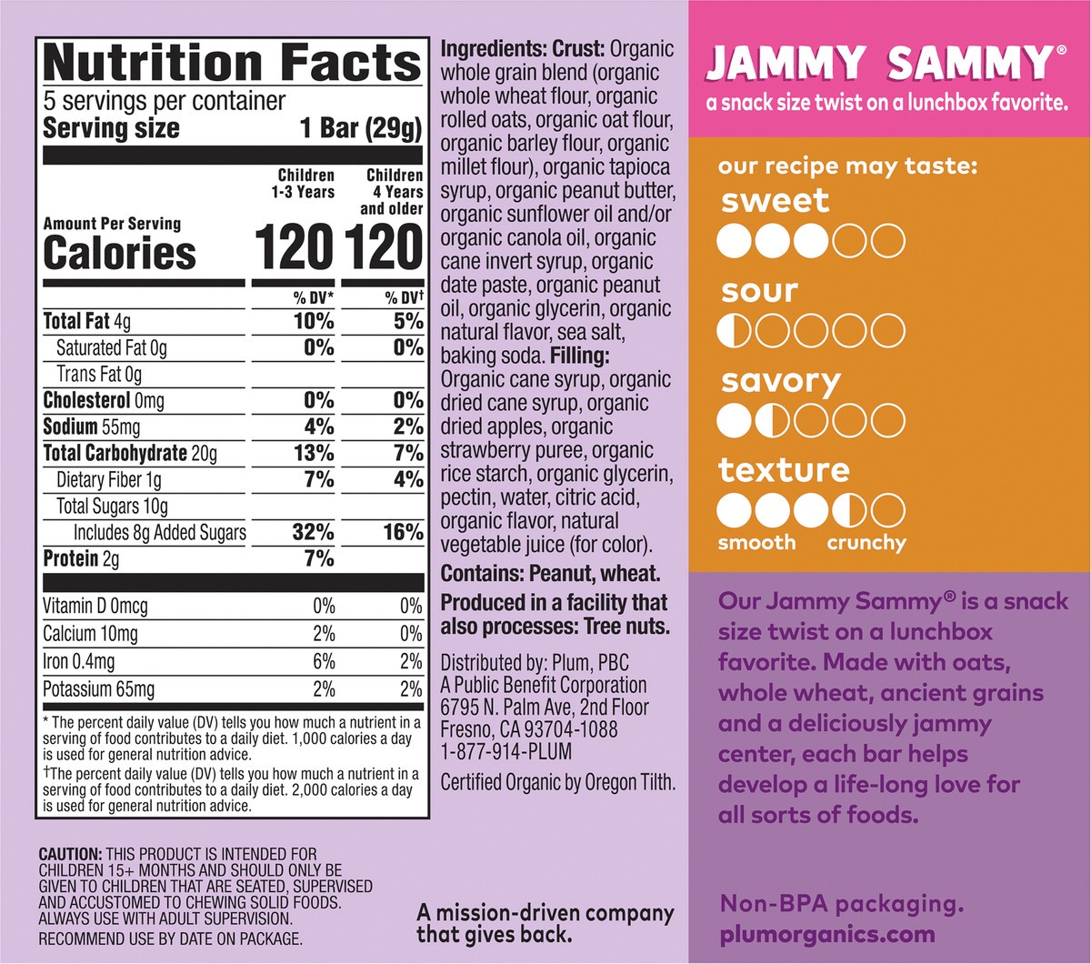 slide 5 of 9, Plum Organics Jammy Sammy Snack Size Sandwich Bar Peanut Butter + Strawberry 5-Count Box/1.02oz Bars, 5 ct