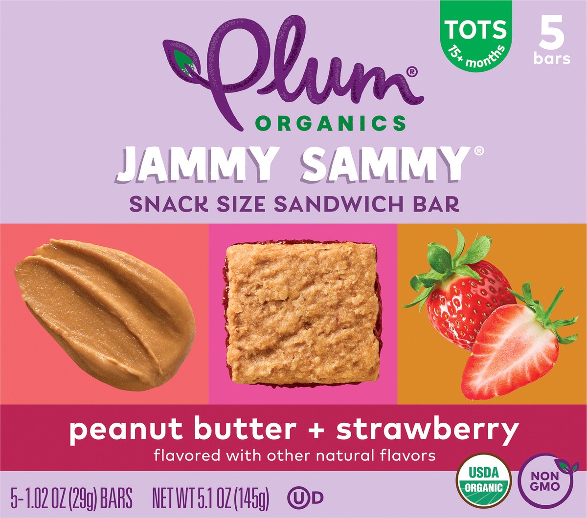slide 6 of 9, Plum Organics Jammy Sammy Snack Size Sandwich Bar Peanut Butter + Strawberry 5-Count Box/1.02oz Bars, 5 ct