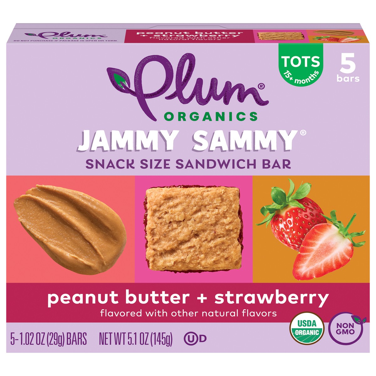 slide 1 of 9, Plum Organics Jammy Sammy Snack Size Sandwich Bar Peanut Butter + Strawberry 5-Count Box/1.02oz Bars, 5 ct
