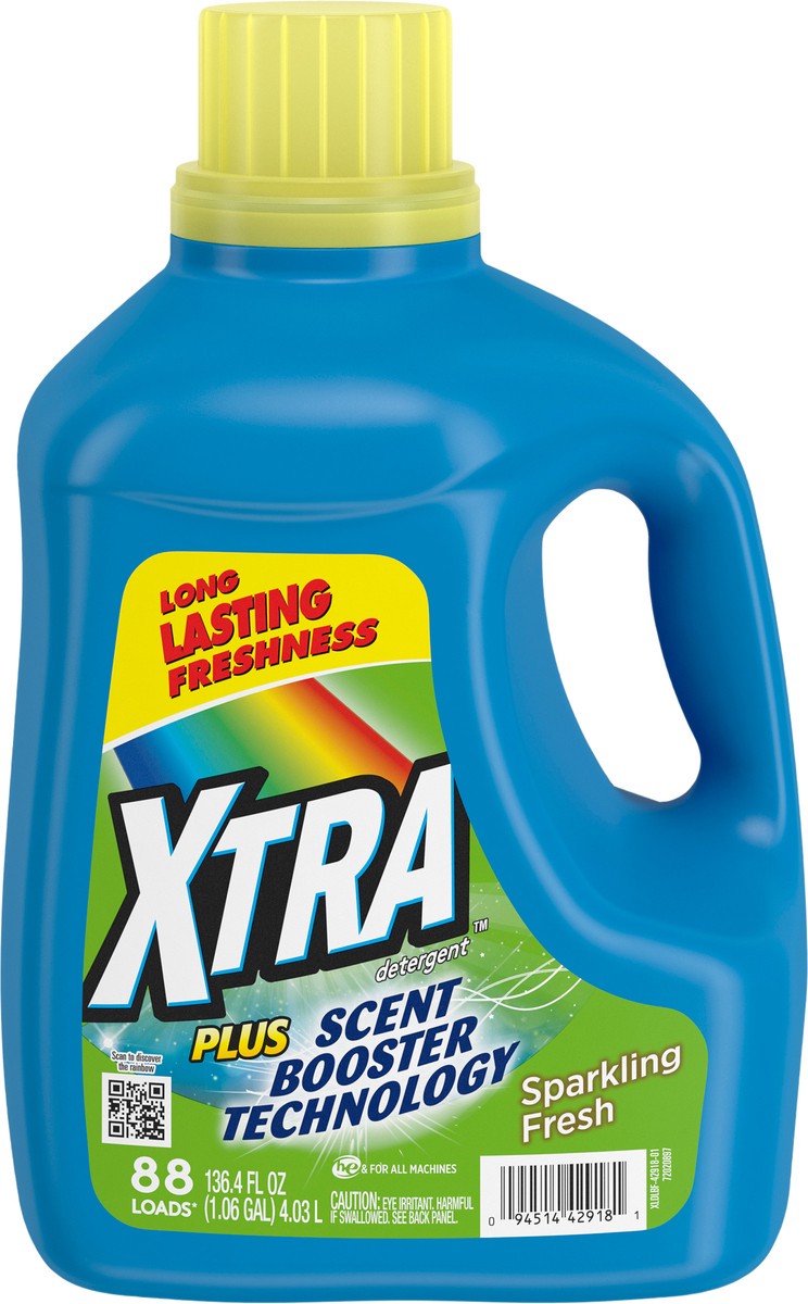 slide 8 of 9, XTRA Plus Scent Booster Technology, Sparkling Fresh, 88 Loads Liquid Laundry Detergent, 136.4 Fl oz, 136.4 oz