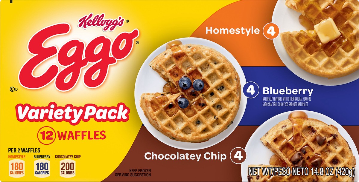 slide 1 of 7, Eggo Variety Pack Homestyle/Blueberry/Chocolatey Chip Waffles 12 ea, 12 ct