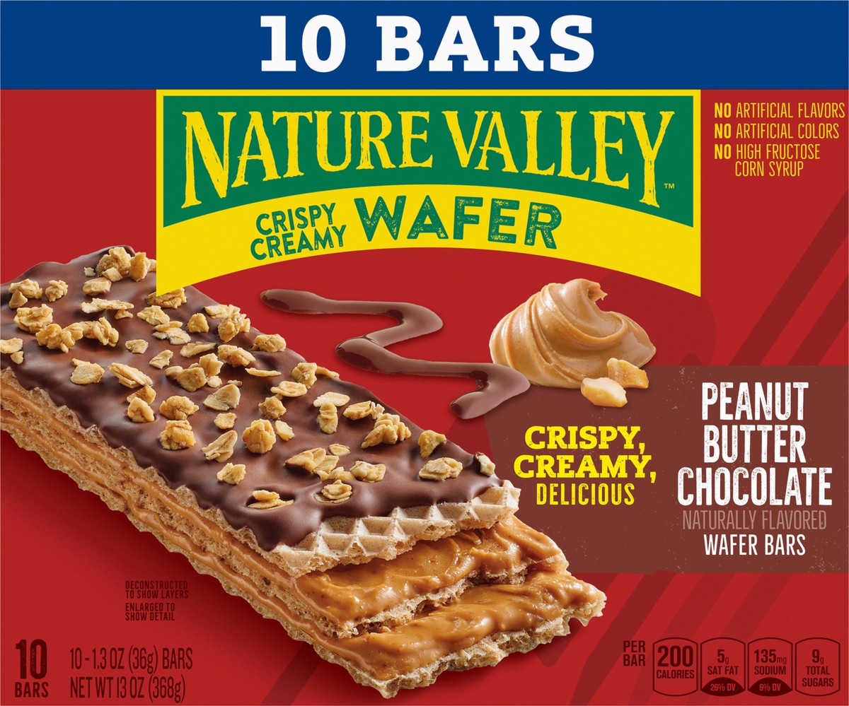 slide 8 of 13, Nature Valley Wafer Bars, Peanut Butter Chocolate Flavored Snacks, 10 Bars, 13 OZ, 10 ct