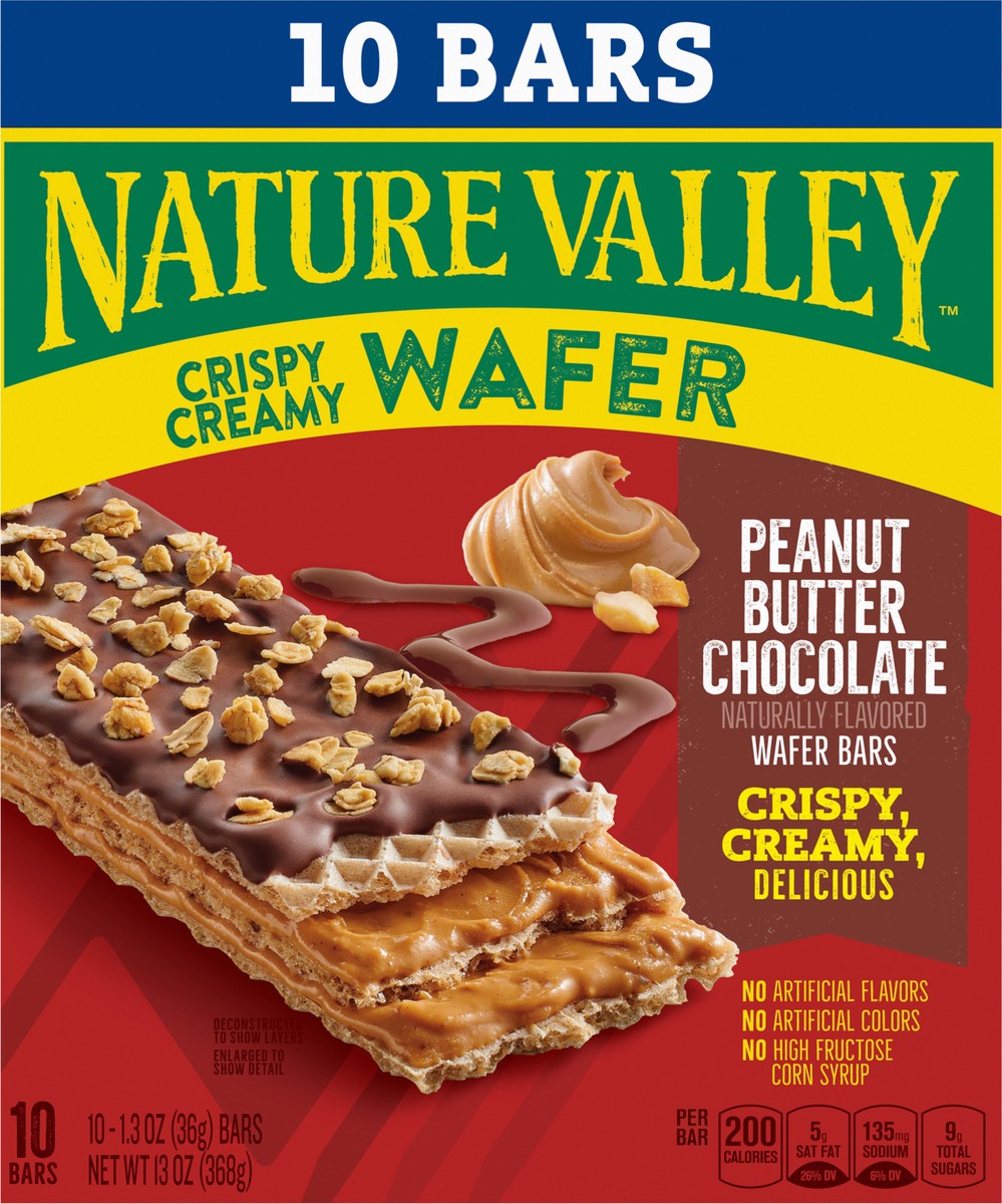 slide 3 of 13, Nature Valley Wafer Bars, Peanut Butter Chocolate Flavored Snacks, 10 Bars, 13 OZ, 10 ct