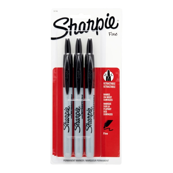 slide 1 of 5, Sharpie Retractable Permanent Markers, Fine Point, Black, Pack Of 3 Markers, 3 ct