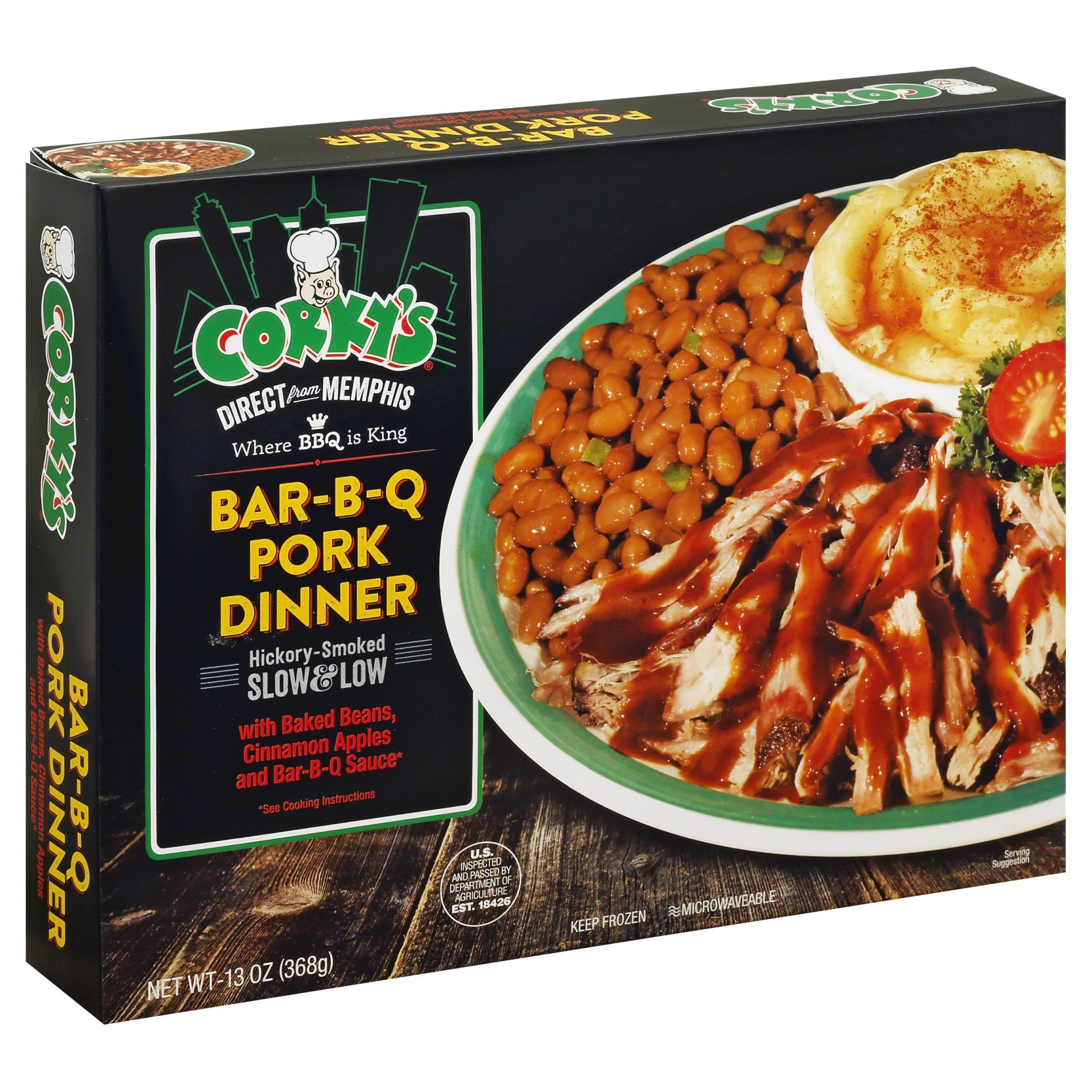 slide 1 of 1, Corky's Bar-B-Q Pork Dinner with Baked Beans Cinnamon Apples and Bar-B-Q Sauce, 13 oz