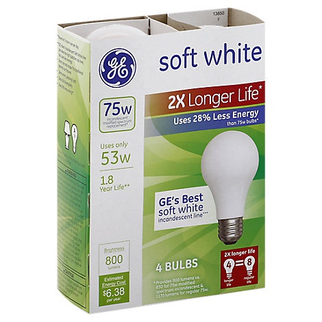 slide 1 of 1, Ge Light Bulbs Incandescent Soft White 53 Watts 2X Longer Life, 4 ct