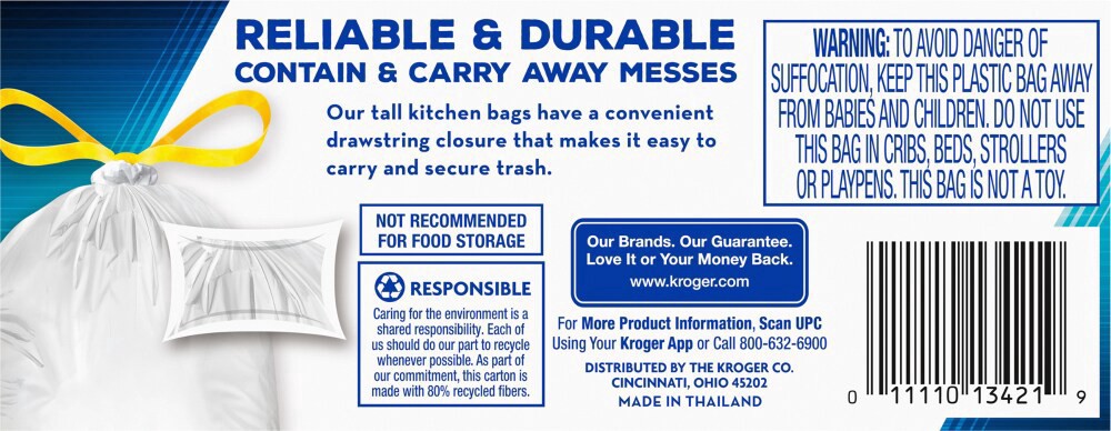 slide 2 of 2, Kroger Tall Kichen Drawstring Trash Bags, 15 ct