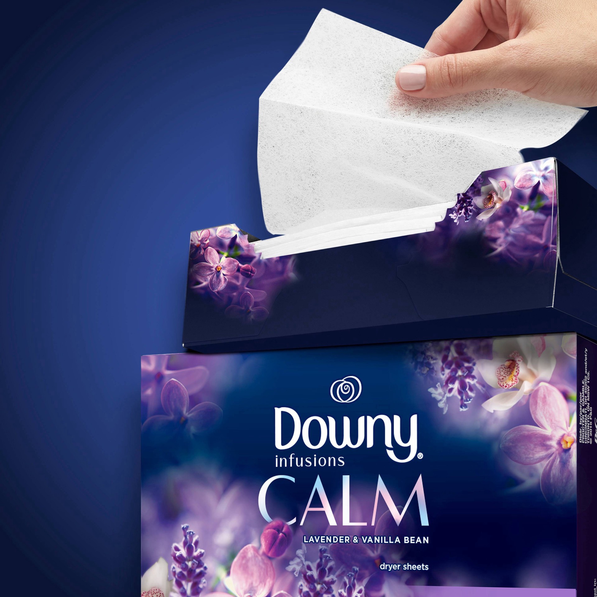 slide 8 of 15, Downy Infusions Fabric Softener Dryer Sheets, Calm, Lavender & Vanilla Bean, 105 count, 105 ct