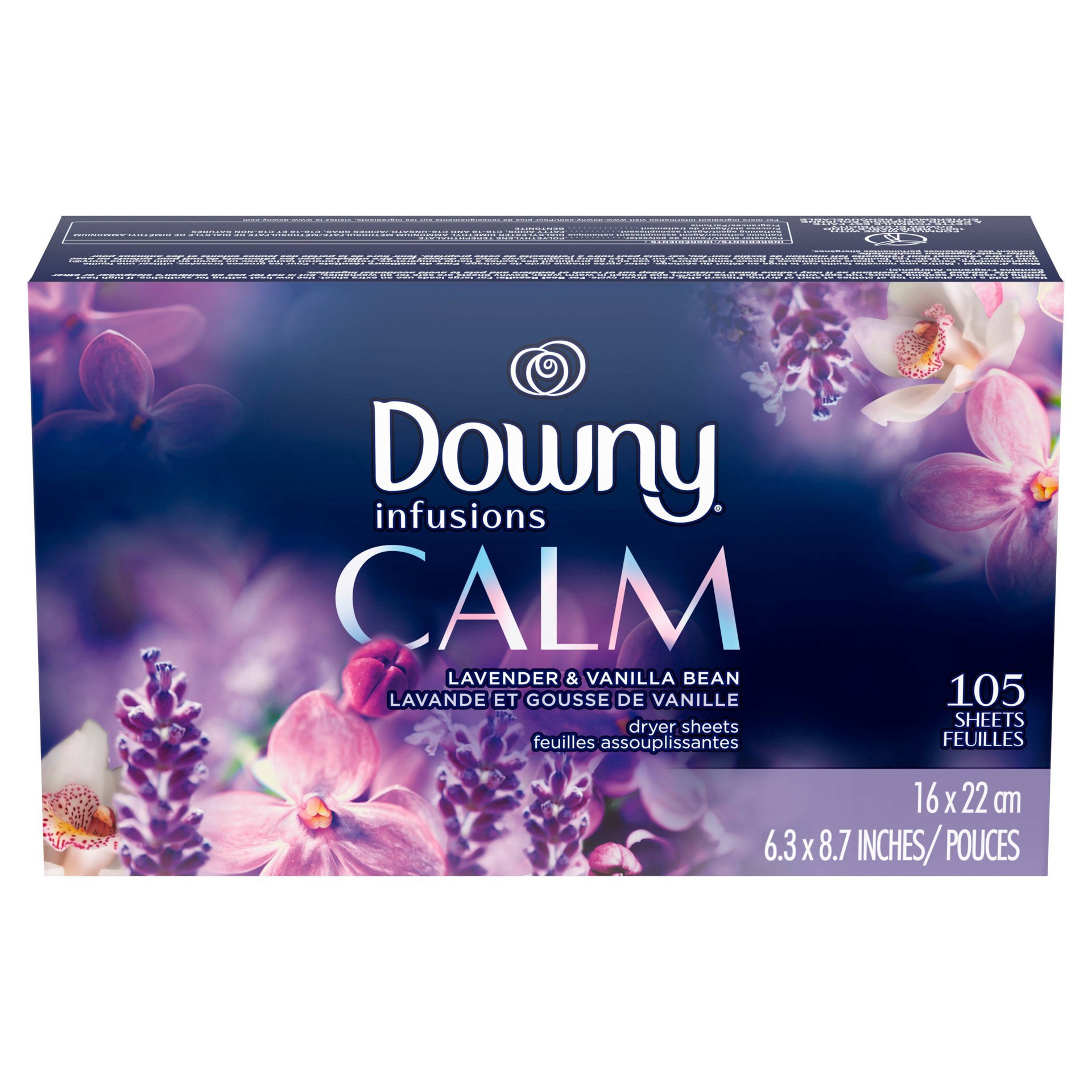 slide 5 of 15, Downy Infusions Fabric Softener Dryer Sheets, Calm, Lavender & Vanilla Bean, 105 count, 105 ct