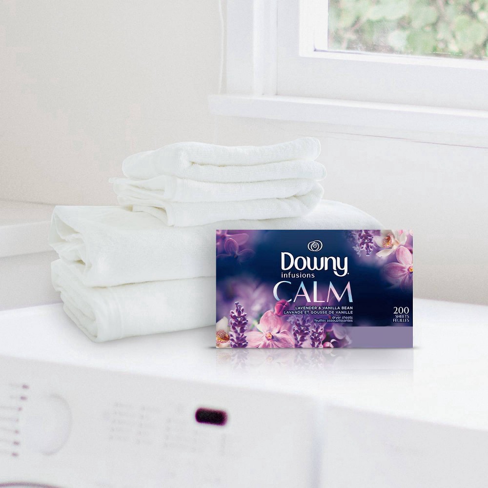 slide 6 of 15, Downy Infusions Fabric Softener Dryer Sheets, Calm, Lavender & Vanilla Bean, 105 count, 105 ct