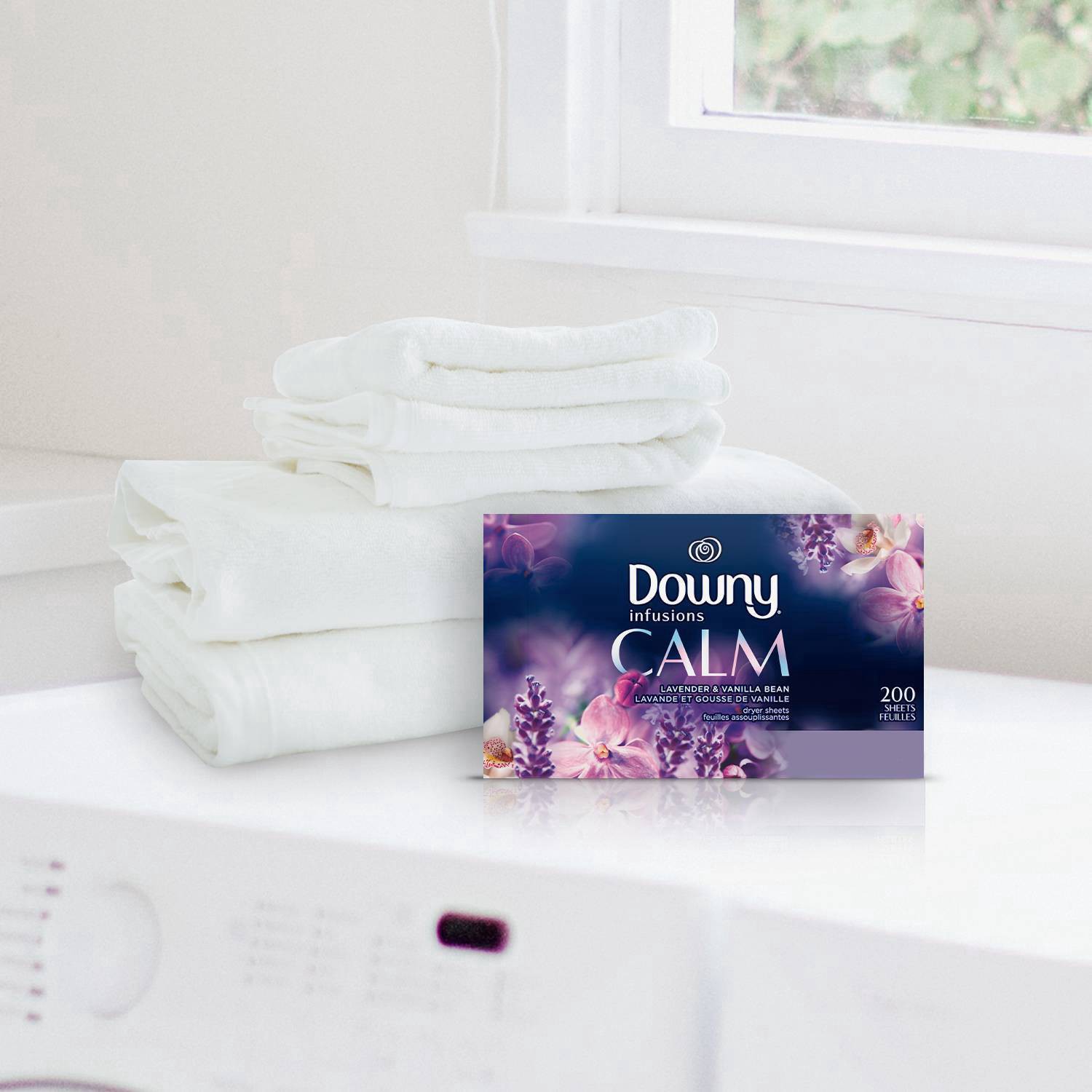 slide 2 of 15, Downy Infusions Fabric Softener Dryer Sheets, Calm, Lavender & Vanilla Bean, 105 count, 105 ct