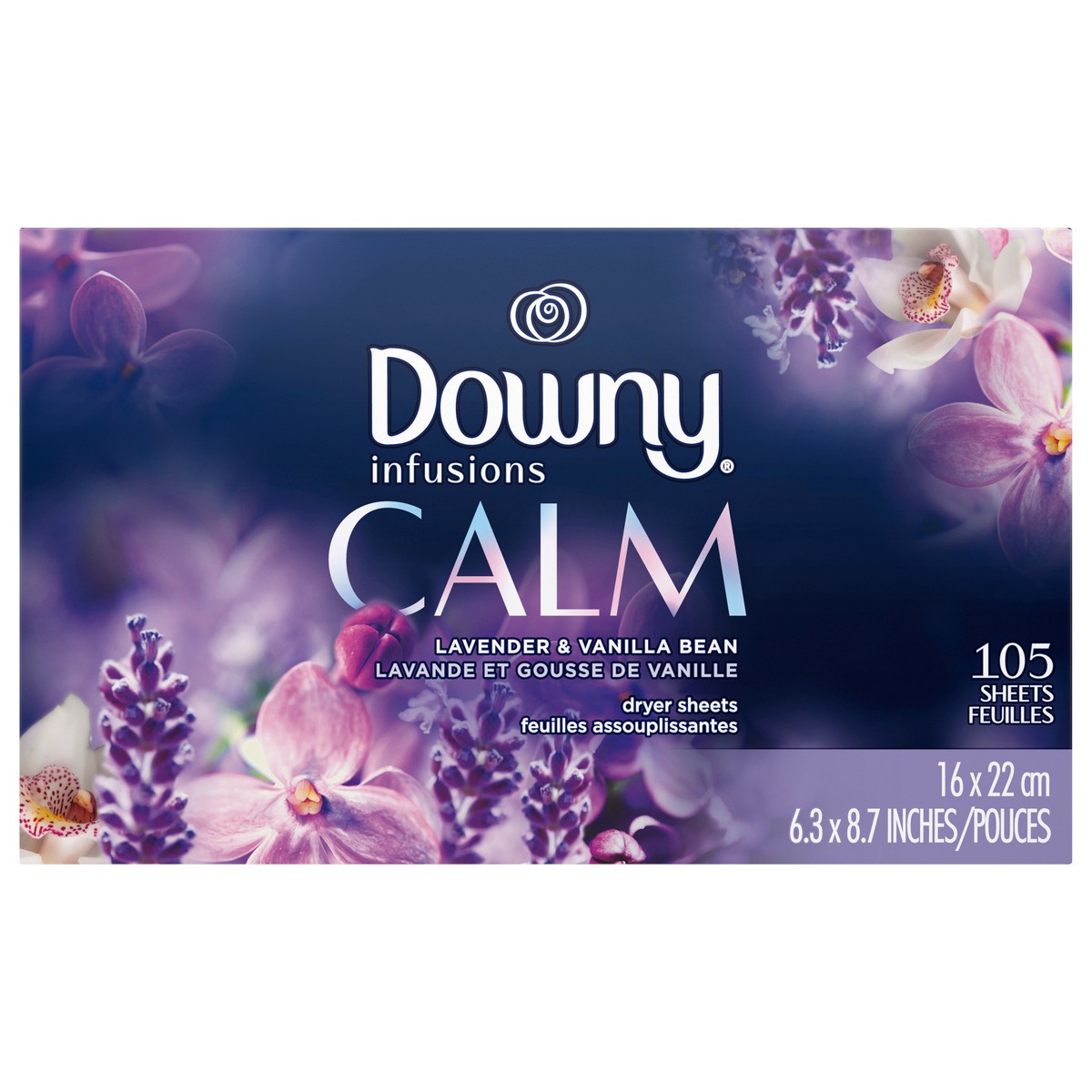 slide 1 of 15, Downy Infusions Fabric Softener Dryer Sheets, Calm, Lavender & Vanilla Bean, 105 count, 105 ct