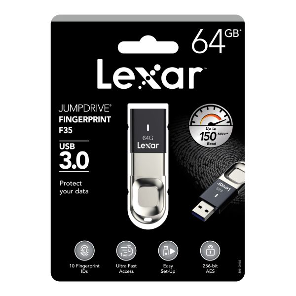 slide 1 of 5, Lexar Jumpdrive Fingerprint F35 Usb 3.0 Flash Drive, 64Gb, Black, Ljdf35-64Gbnl, 1 ct