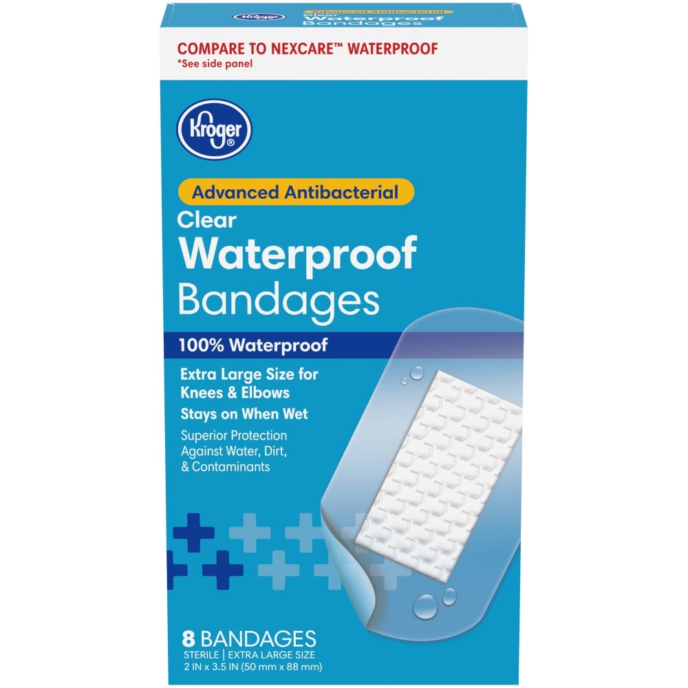 slide 1 of 1, Kroger Antibacterial Knee & Elbow Waterproof One Size Bandages, 8 ct