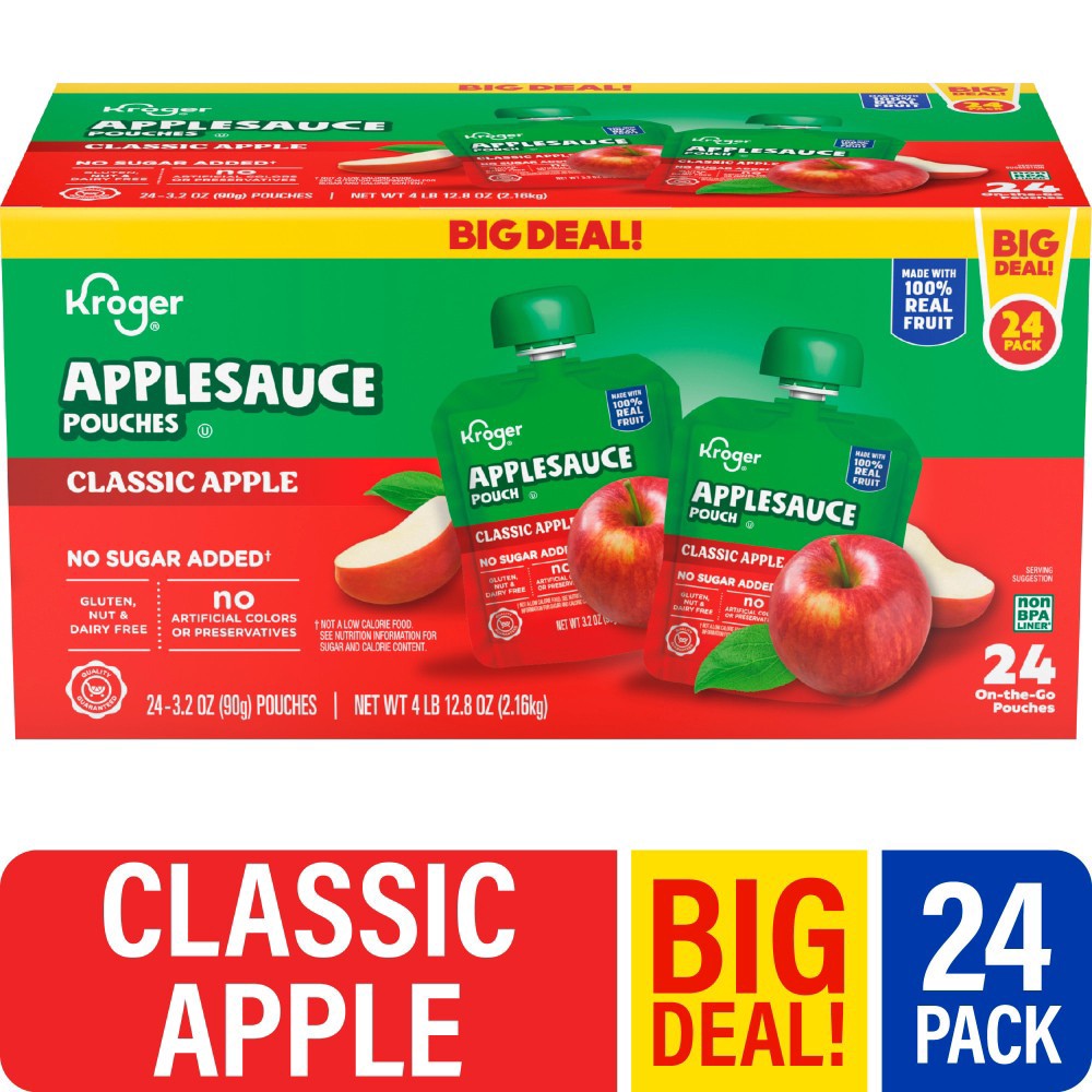 slide 1 of 1, Kroger® No Sugar Added Classic Apple Applesauce Pouches BIG DEAL!, 24 ct / 3.2 oz, 24 ct
