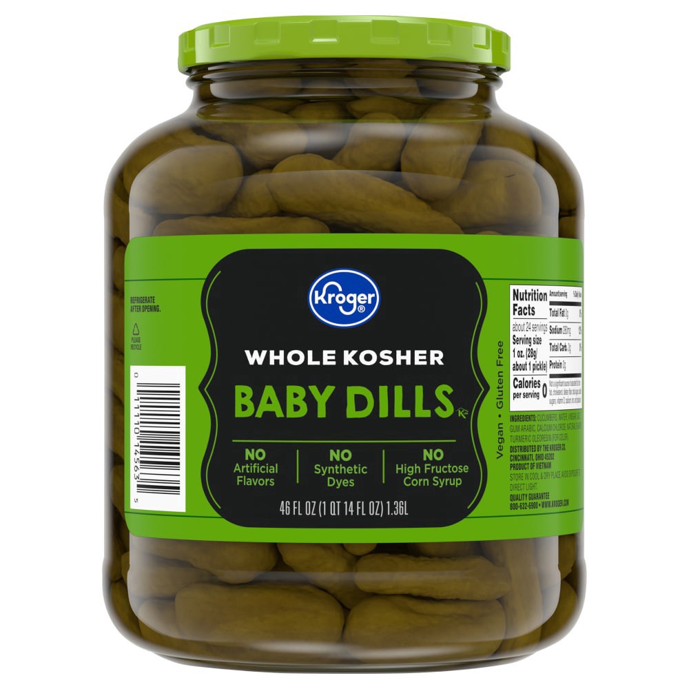 slide 1 of 1, Kroger® Whole Kosher Baby Dills, 46 fl oz