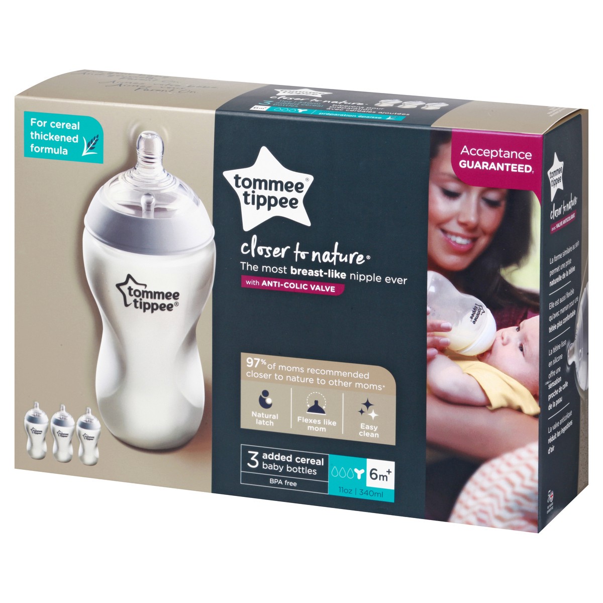 slide 8 of 9, Tommee Tippee Closer to Nature 3 Pack 6m+ Added Cereal Baby Bottles 3 ea, 3 ct