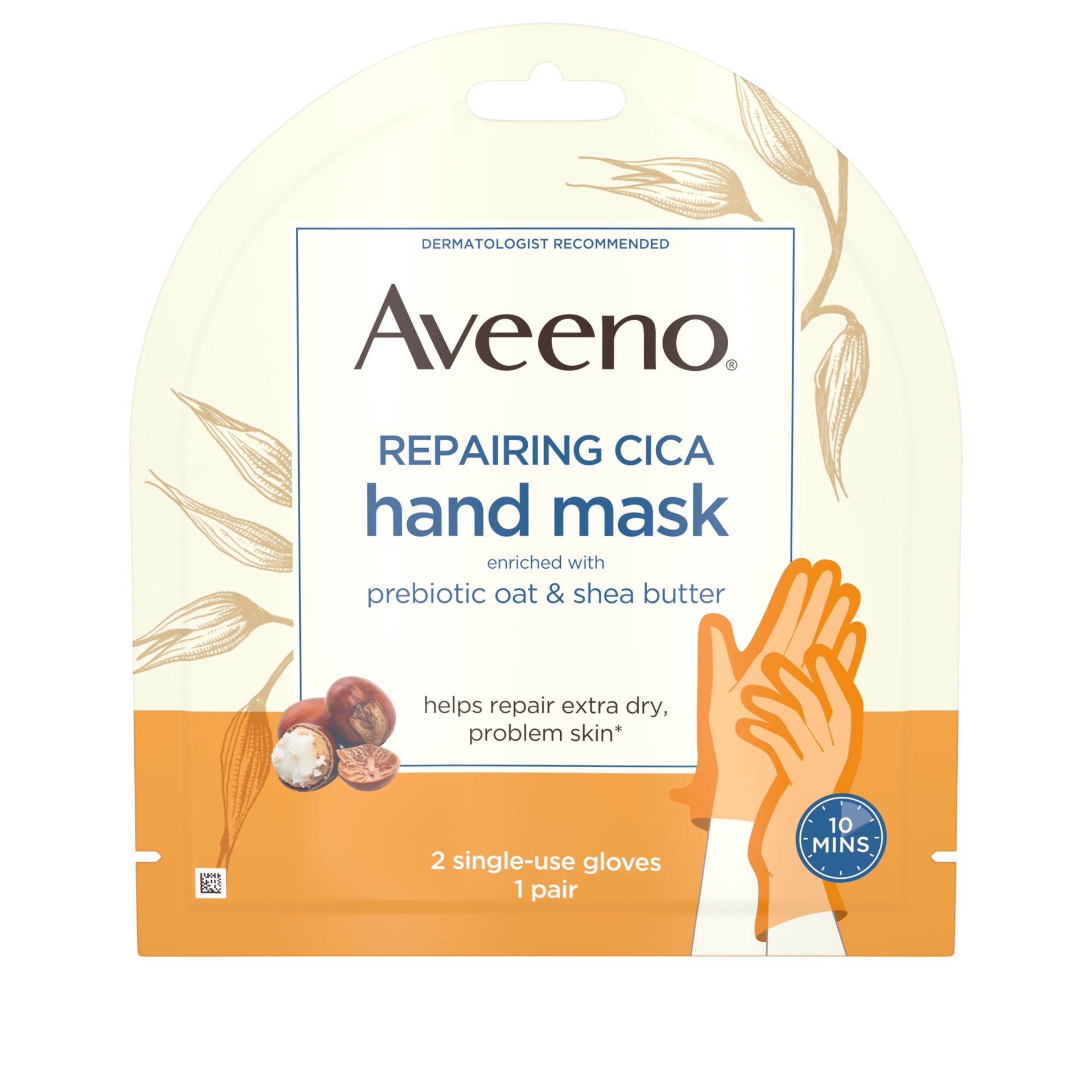 slide 1 of 7, Aveeno Repairing CICA Hand Mask with Prebiotic Oat and Shea Butter for Extra Dry Skin, Paraben-Free and Fragrance-Free, 1 Pair of Single-Use Gloves, 1 ct