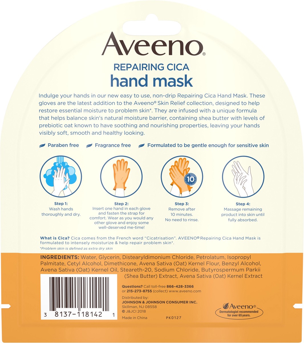 slide 7 of 7, Aveeno Repairing CICA Hand Mask with Prebiotic Oat and Shea Butter for Extra Dry Skin, Paraben-Free and Fragrance-Free, 1 Pair of Single-Use Gloves, 1 ct