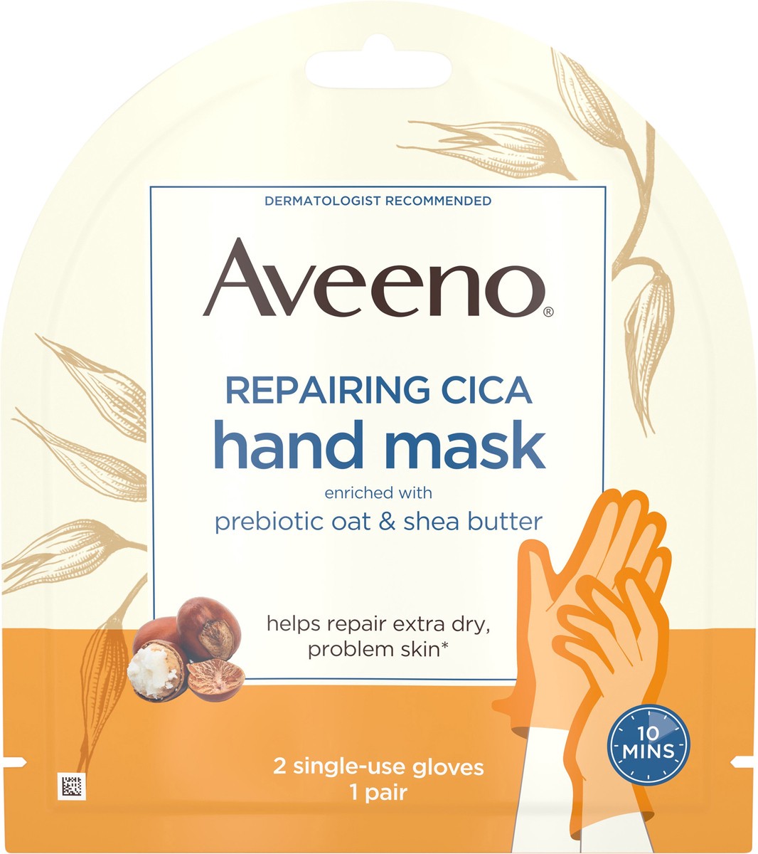 slide 4 of 7, Aveeno Repairing CICA Hand Mask with Prebiotic Oat and Shea Butter for Extra Dry Skin, Paraben-Free and Fragrance-Free, 1 Pair of Single-Use Gloves, 1 ct