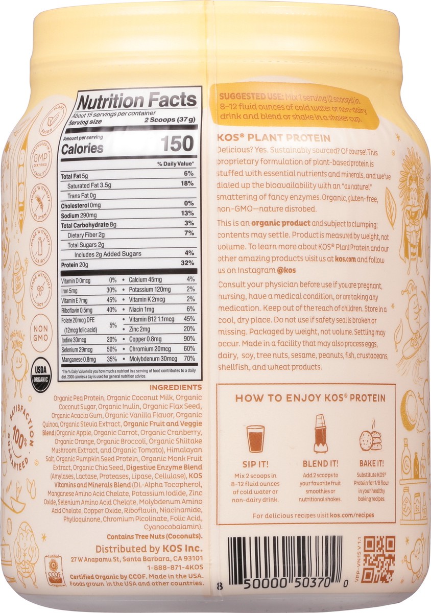 slide 5 of 9, KOS Organic Vanilla Flavored Plant Protein 19.6 oz, 19.6 oz