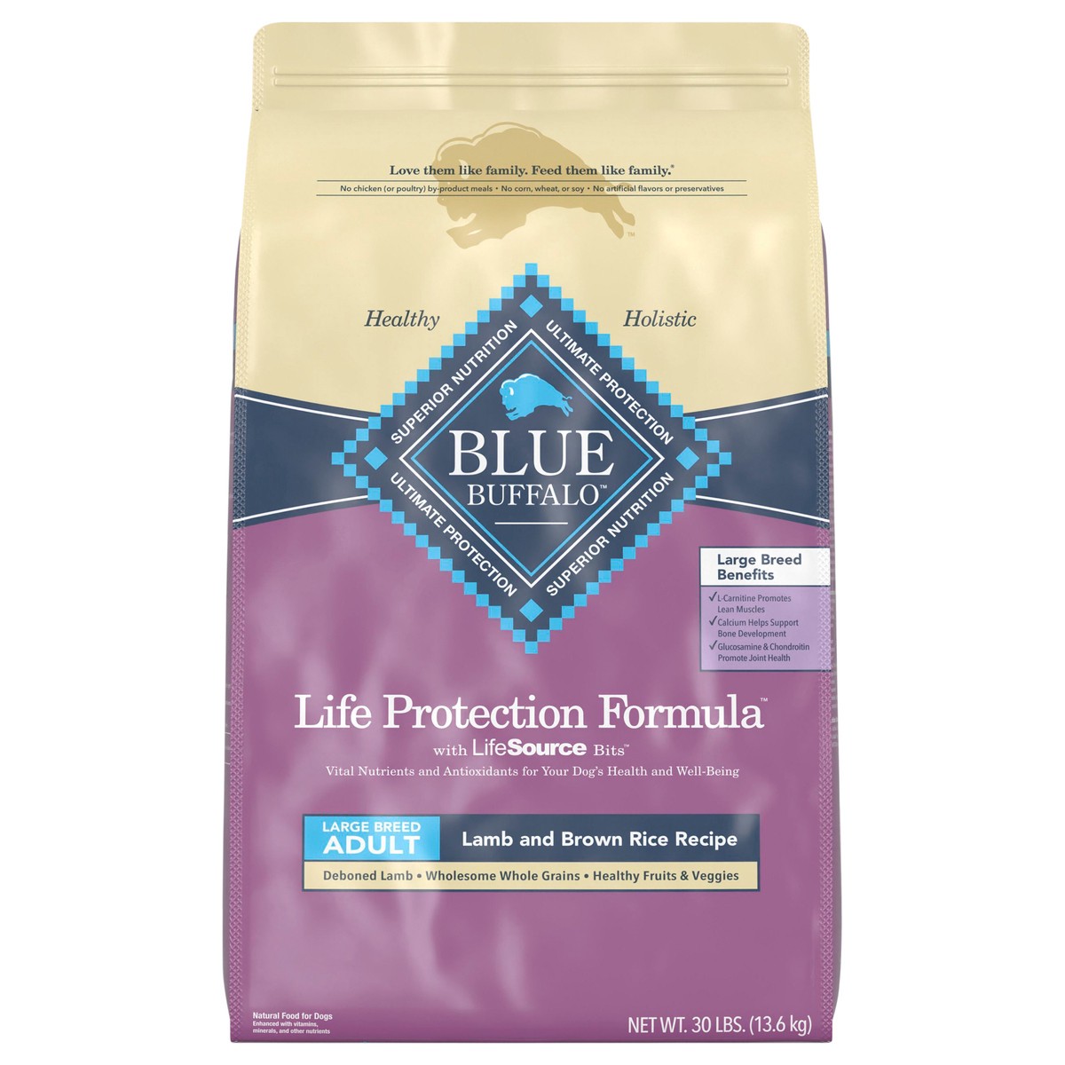 slide 1 of 10, Blue Buffalo Life Protection Formula Large Breed Adult Dry Dog Food, Promotes Joint Health and Lean Muscles, Made with Natural Ingredients, Lamb & Brown Rice Recipe, 30-lb Bag, 30 lb