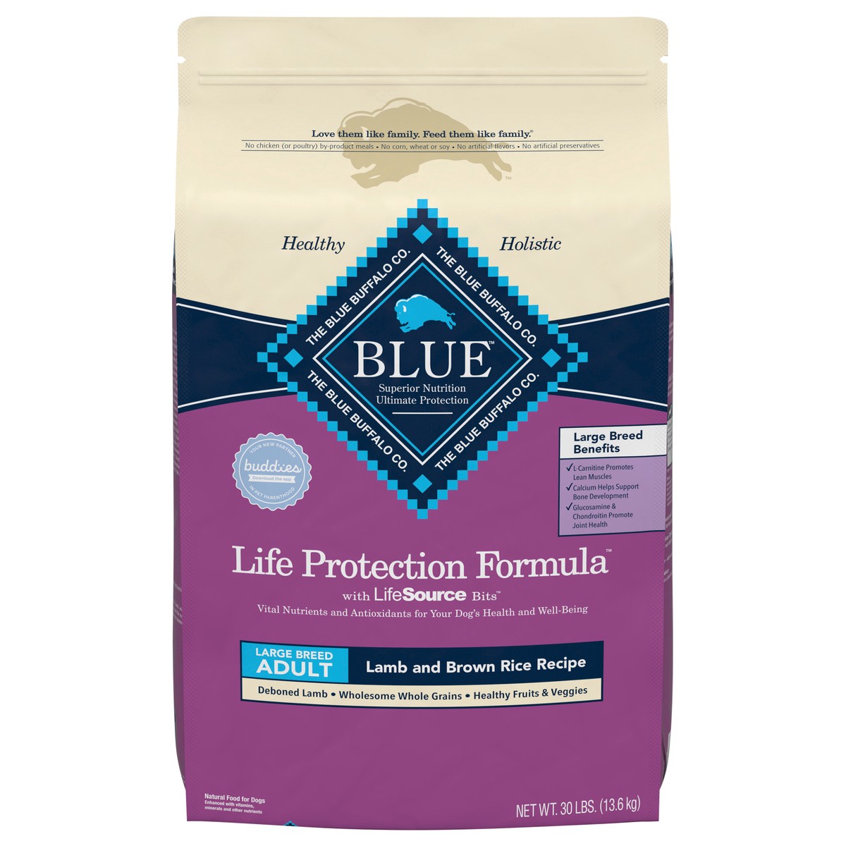 slide 1 of 10, Blue Buffalo Life Protection Formula Natural Adult Large Breed Dry Dog Food, Lamb and Brown Rice 30-lb, 30 lb