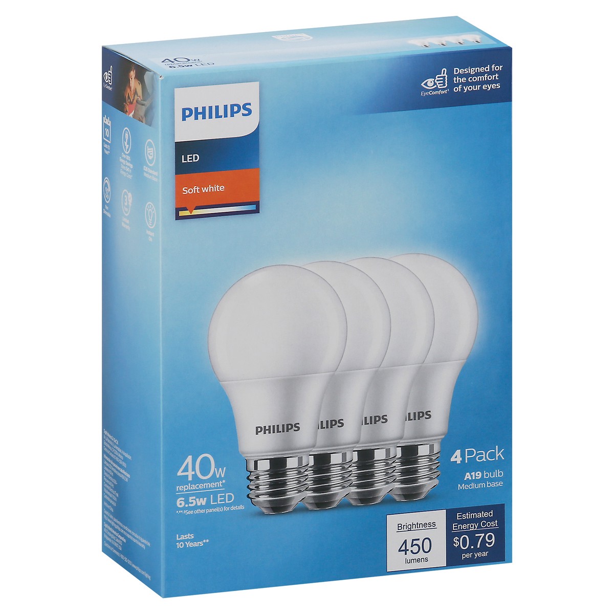slide 8 of 9, Philips 6.5-Watt (40-Watt) A19 Led Light Bulbs, 4 ct