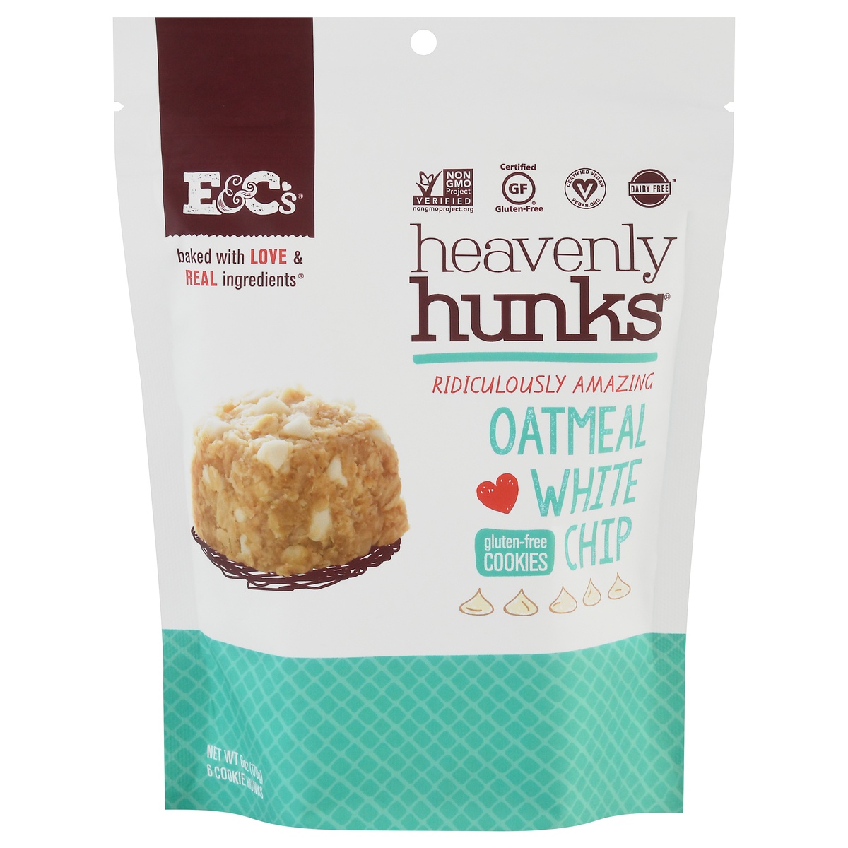 slide 1 of 1, E&C's Snacks Heavenly Hunks Gluten-Free Oatmeal White Chip Cookies 6 ea, 6 ct