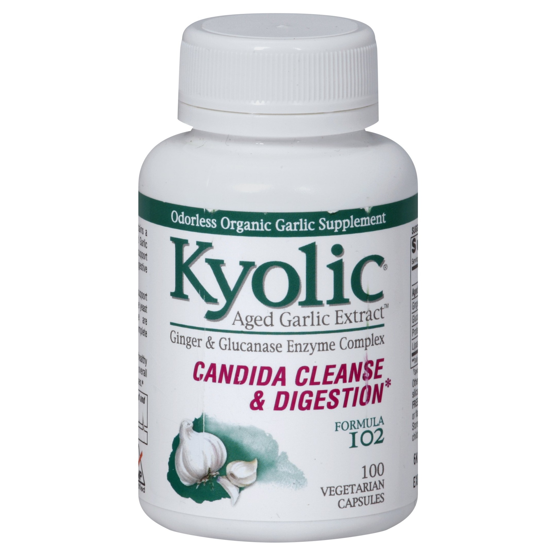 slide 1 of 1, Kyolic Odorless Organic Aged Garlic Extract Candida Cleanse And Digestion Formula 102 Vegetarian Capsules, 100 ct