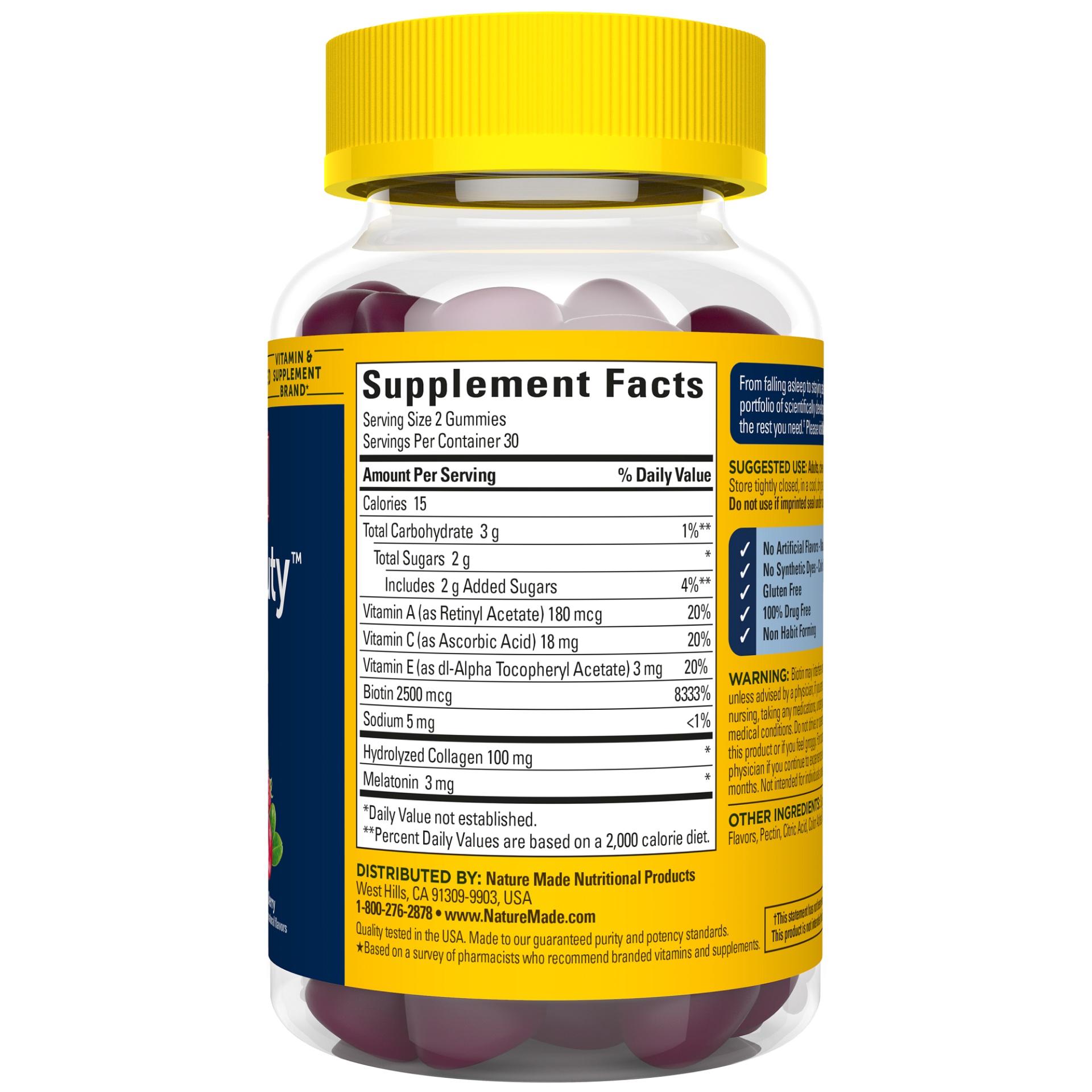 slide 6 of 6, Nature Made Sleep & Beauty Vitamins, Melatonin 3 mg Helps You Fall Asleep Faster, Biotin May Help Support Healthy Hair, Skin, and Nails, Plus Hydrolyzed Collagen, Vitamins A, C, and E, 60 Gummies, 60 ct