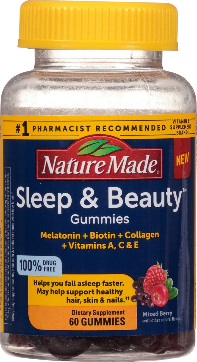 slide 8 of 10, Nature Made Sleep & Beauty Vitamins, Melatonin Helps You Fall Asleep Faster, Biotin May Help Support Healthy Hair, Skin, and Nails, Plus Hydrolyzed Collagen, Vitamins A, C, and E, 60 Gummies, 60 ct
