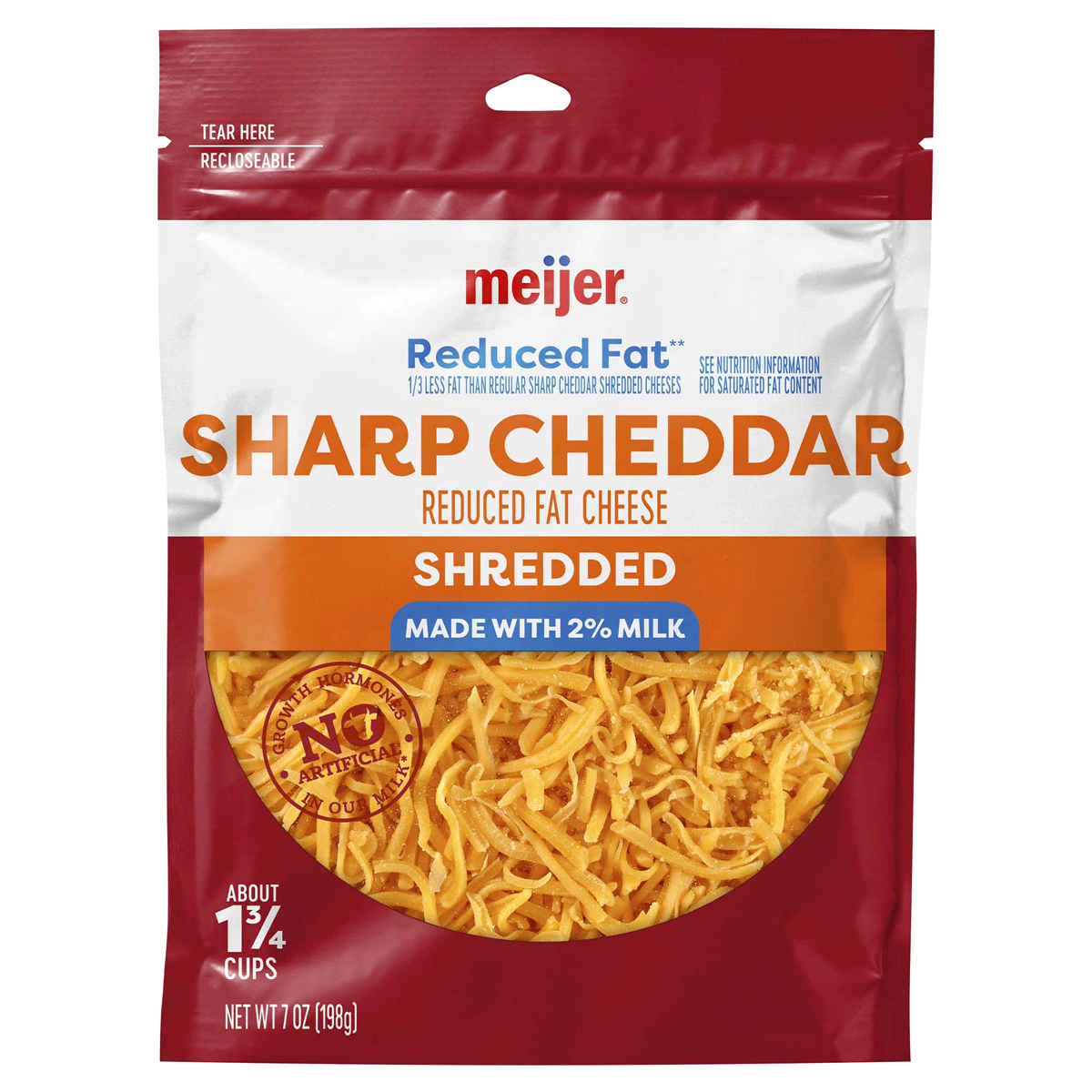 slide 1 of 2, Meijer Shredded Reduced Fat Sharp Cheddar Cheese, 7 oz