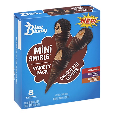 slide 1 of 1, Blue Bunny Mini Swirls Chocolate Lovers Variety Pack Cones - 18.4 Fz, 8 ct