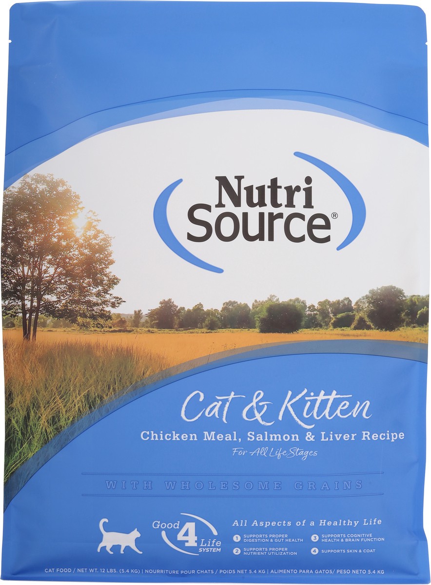 slide 10 of 14, NutriSource with Wholesome Grains For All Life Stages Chicken Meal, Salmon & Liver Recipe Cat Food 12 lb, 192 oz
