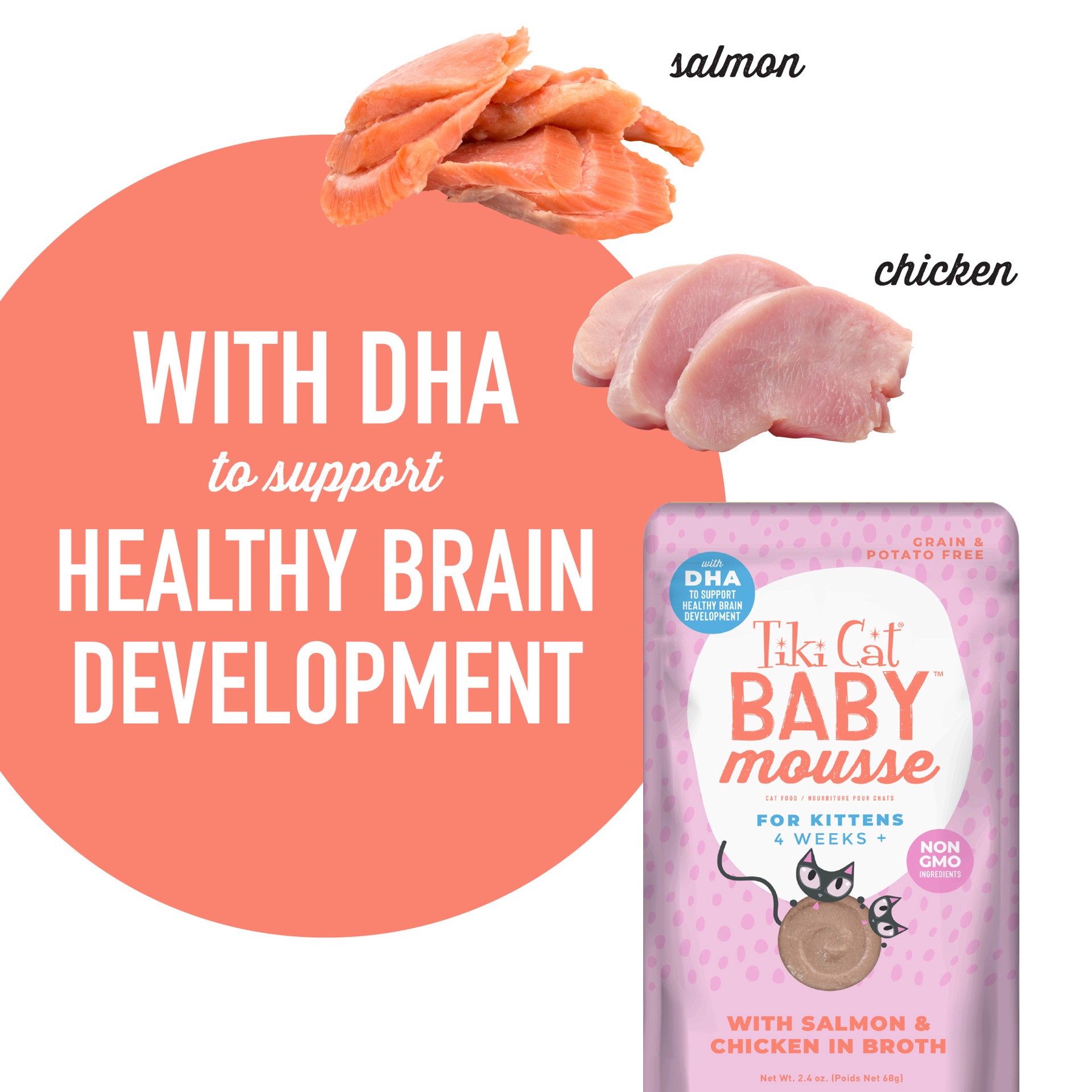 slide 7 of 9, Tiki Cat Baby Mousse Wet Cat Food for Kittens, Salmon & Chicken, 2.4 oz. Pouch, 2.4 oz