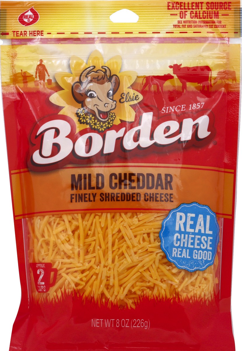 slide 1 of 1, Borden Natural Cheddar Mild Shredded, 8 oz