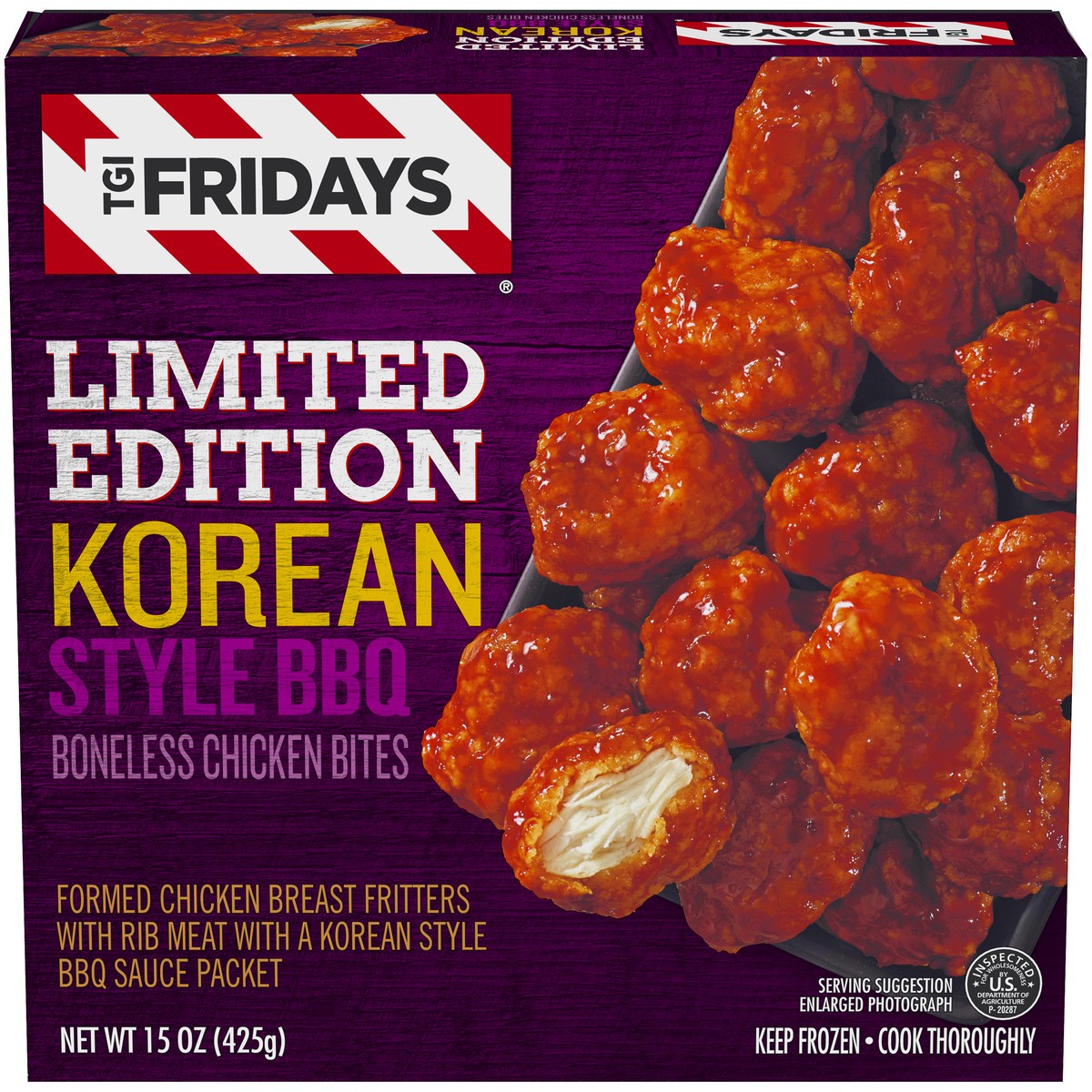 slide 1 of 13, T.G.I. Friday's Limited Edition Korean Style BBQ Boneless Chicken Bites Frozen Snacks, 15 oz Box, 425 g