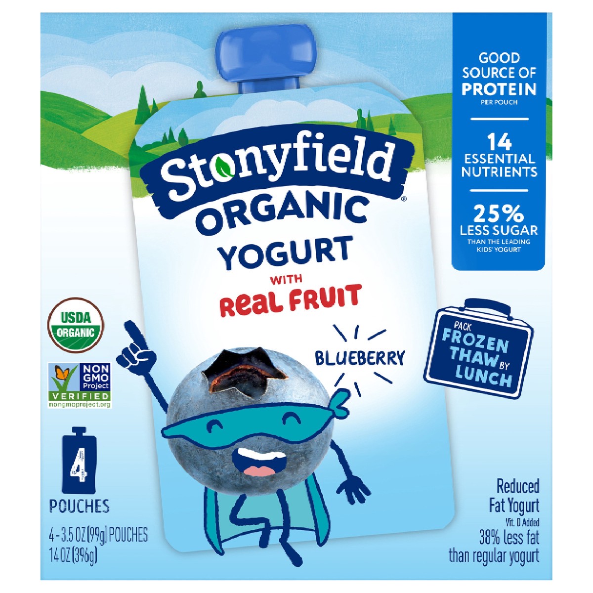 slide 1 of 10, Stonyfield Organic Kids Reduced Fat Yogurt Pouches, Blueberry, 4 ct; 3.5 oz