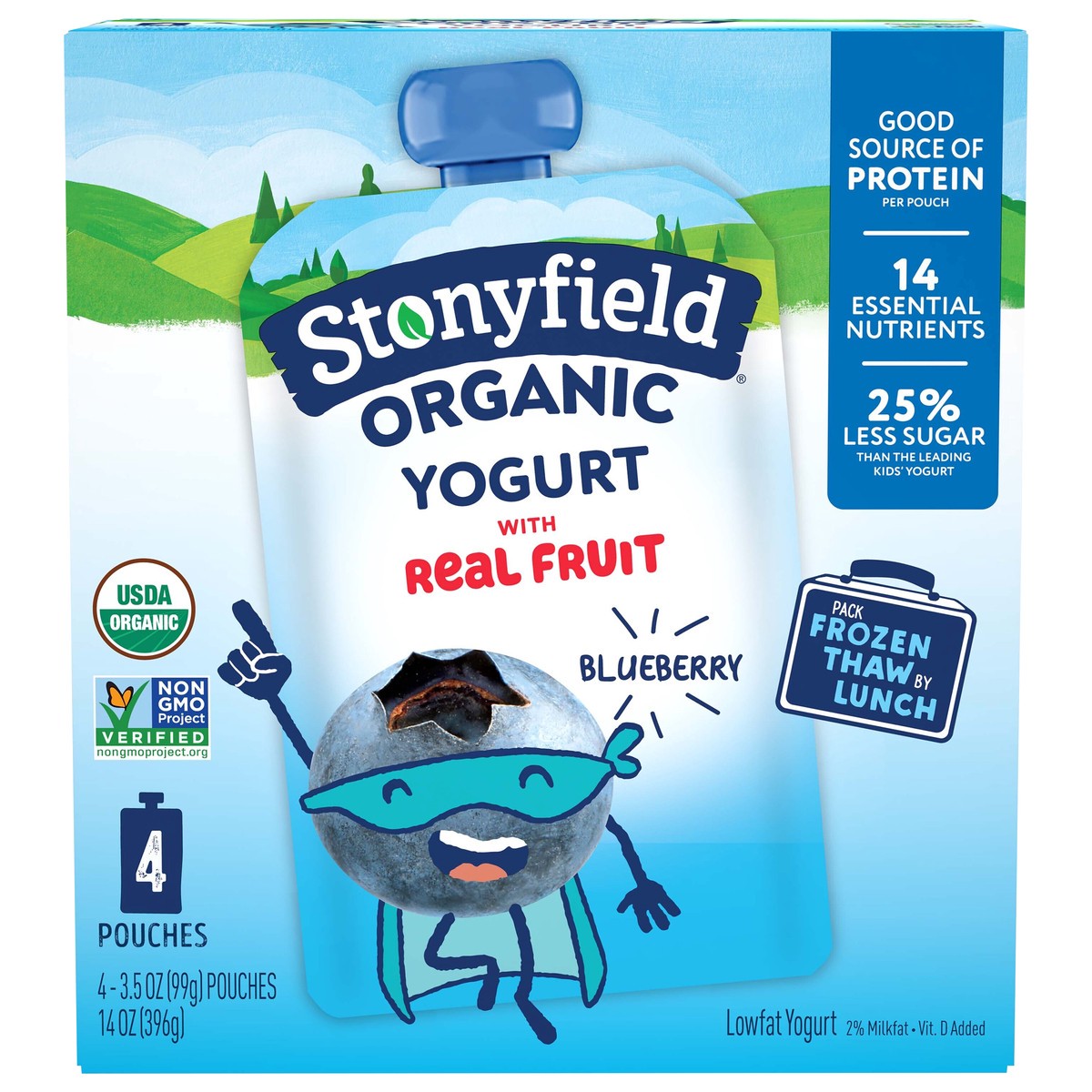 slide 1 of 10, Stonyfield Organic Lowfat Blueberry Yogurt 4 - 3.5 oz Pouches, 4 ct
