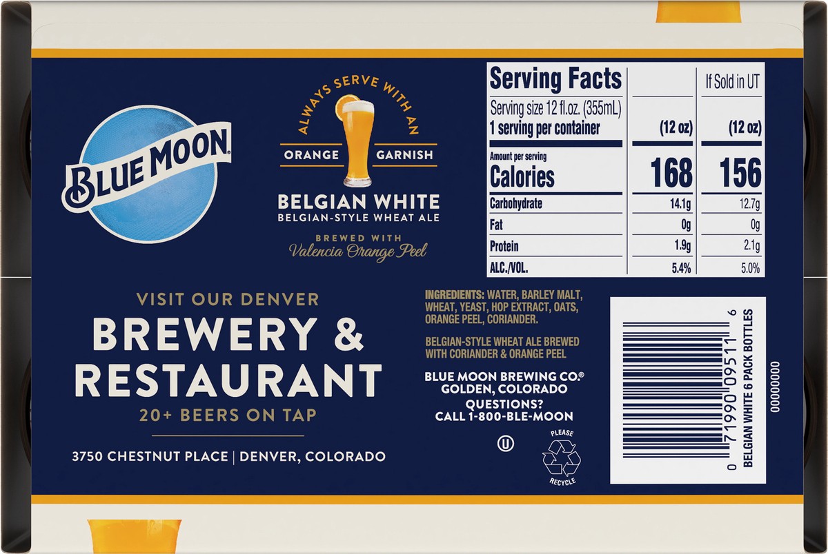 slide 2 of 9, Blue Moon Belgian White Wheat Ale, 5.4% ABV, 6-pack, 12-oz. beer bottles, 12 fl oz