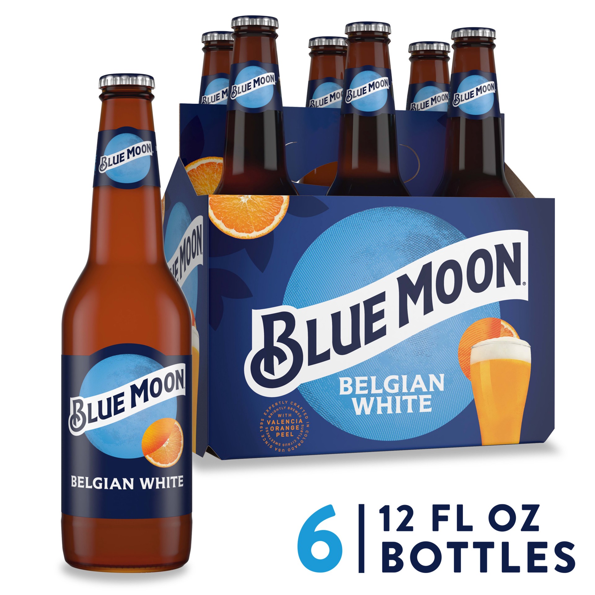 slide 1 of 9, Blue Moon Belgian White Wheat Ale, 5.4% ABV, 6-pack, 12-oz. beer bottles, 12 fl oz